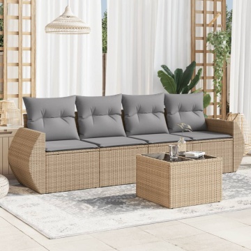 Set canapele de grădină cu perne, 5 piese, bej, poliratan - Img 1