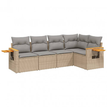 Set canapele de grădină cu perne, 5 piese, bej, poliratan - Img 2
