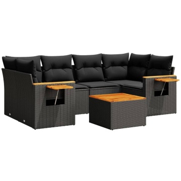 Set canapele de grădină cu perne, 7 piese, negru, poliratan - Img 2