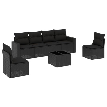 Set canapele de grădină cu perne, 7 piese, negru, poliratan - Img 2