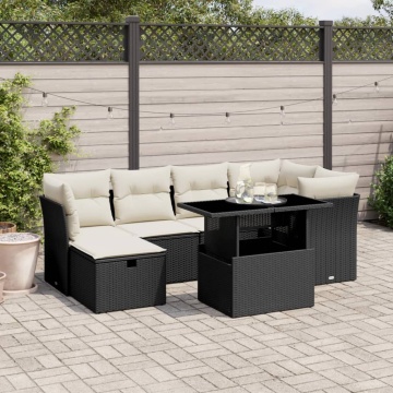 Set canapele de grădină cu perne, 7 piese, negru, poliratan - Img 1