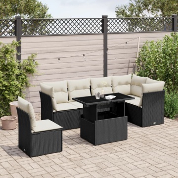 Set canapele de grădină cu perne, 7 piese, negru, poliratan - Img 1