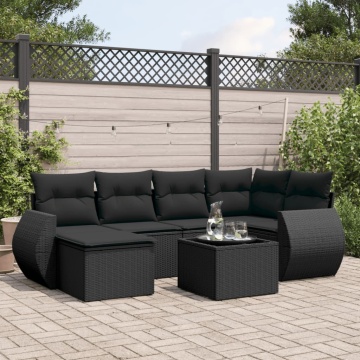 Set canapele de grădină cu perne, 7 piese, negru, poliratan - Img 1