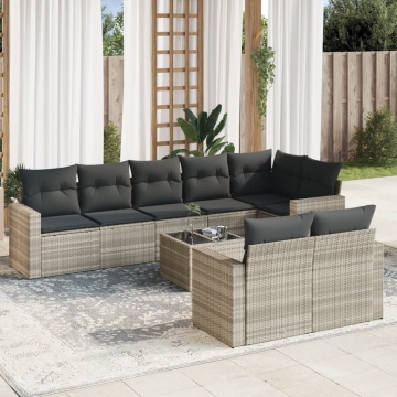 Set canapele de grădină cu perne, 9 piese gri deschis poliratan - Img 1