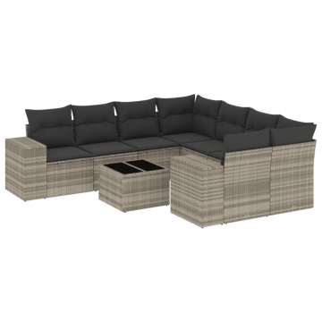 Set canapele de grădină cu perne, 9 piese gri deschis poliratan - Img 2