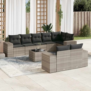 Set canapele de grădină cu perne, 9 piese gri deschis poliratan - Img 1