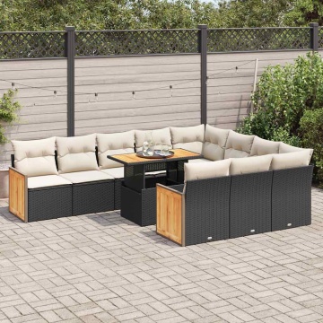 Set canapele grădină cu perne 11 piese, negru, poliratan/acacia - Img 1