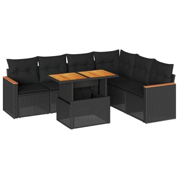 Set canapele grădină perne 7 piese negru, poliratan/lemn acacia - Img 2