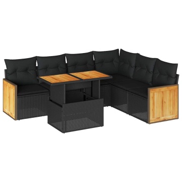 Set canapele grădină perne 7 piese negru, poliratan/lemn acacia - Img 2