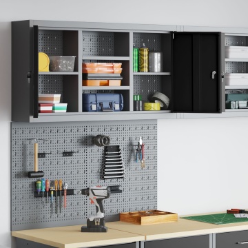 Set de Birou cu 3 Piese și Panou pentru Unelte Montat pe Perete Metal Negru - Img 4