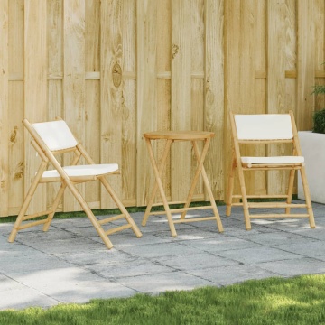 Set de bistro pliabil, 3 piese, cu perne alb crem, bambus - Img 1