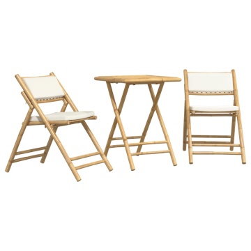 Set de bistro pliabil, 3 piese, cu perne alb crem, bambus - Img 2