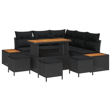 Set de canapea de grădină 8 piese cu perne Negru Poliratan Acacia, Set de dining de grădină 3 piese cu perne Negru Poliratan Acacia - Img 2