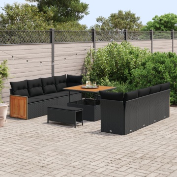 Set de canapea de grădină cu 11 piese și perne Negru Poliratan Acacia, Set de dining de grădină cu 3 piese cu perne Negru Poliratan Acacia - Img 3