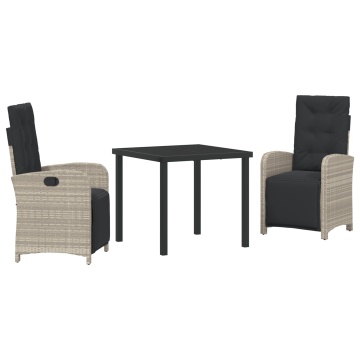 Set de dining grădină 3 piese perne gri deschis ratan poliester, Masă de grădină neagră 80x80x73 cm din sticlă securizată - Img 2