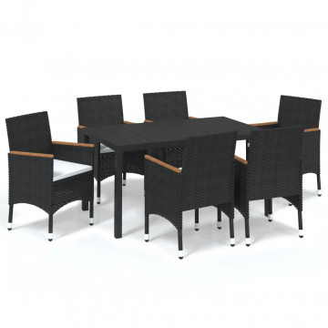 Set de masă pentru grădină cu perne, 7 piese, negru, poliratan - Img 2