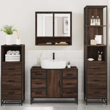 Set de mobilier de baie din 4 piese din lemn de stejar maro - Img 3