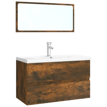 Set de mobilier de baie, stejar fumuriu, lemn prelucrat - Img 2