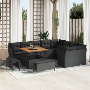 Set de sofa de grădină 12 piese cu perne Negru Poli Ratan Acacia, Set de dining de grădină 3 piese cu perne Negru Poli Ratan Acacia - Img 1
