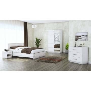 Set dormitor Beta, alb, dulap 120 cm, pat 140x200 cm, 2 noptiere, comoda - Img 1