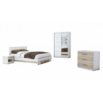 Set dormitor Beta, alb / sonoma, dulap 120 cm, pat 140x200 cm, 2 noptiere, comoda - Img 2