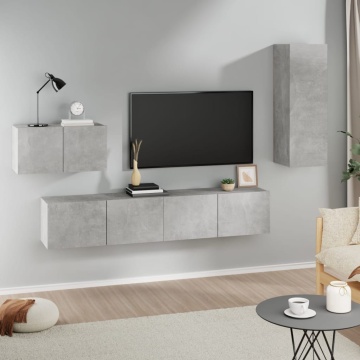 Set dulap TV, 4 piese, gri beton, lemn prelucrat - Img 1