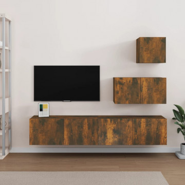 Set dulapuri TV, 4 piese, stejar fumuriu, lemn prelucrat - Img 1