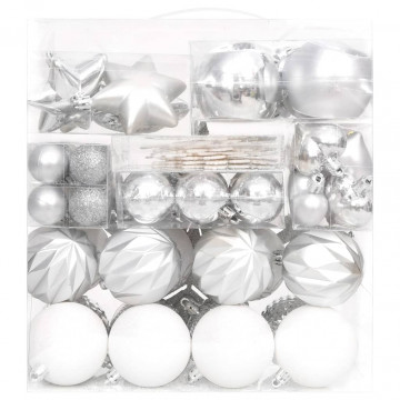 Set globuri de Crăciun, 70 piese, argintiu și alb - Img 2