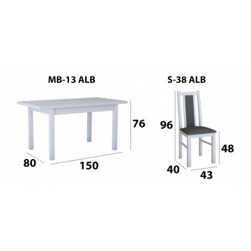 Set masa extensibila 120x150cm cu 6 scaune tapitate, mb-13 max5 si s-38 boss14 b24z, alb, lemn masiv de fag, stofa - Img 3