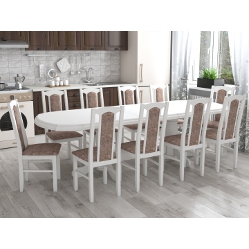Set masa extensibila jork 200x250 cm, lemn masiv alb, cu 10 scaune tapitate stofa maro, s-37 B25B - Img 1