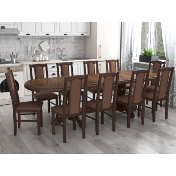 Set masa extensibila jork 200x250 cm, lemn masiv nuc, cu 10 scaune tapitate stofa maro, s-37 O15 - Img 1