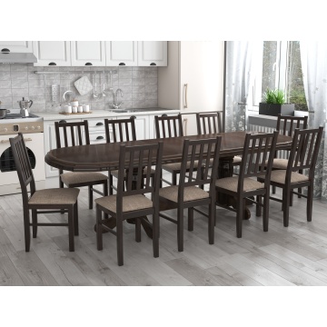 Set masa extensibila jork 200x250 cm, lemn masiv wenge, cu 10 scaune tapitate stofa maro, s-38 W2 - Img 1