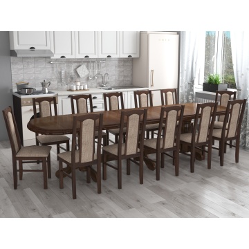 Set masa extensibila jork 250-300x100 cm, lemn masiv nuc, cu 12 scaune tapitate stofa maro, s-37 O2 - Img 1