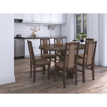 Set masa extensibila Kan 100x135 cm, lemn masiv, culoare nuc, blat din mdf cu 6 scaune tapitate S-37 Boss7 o15, stofa - Img 1