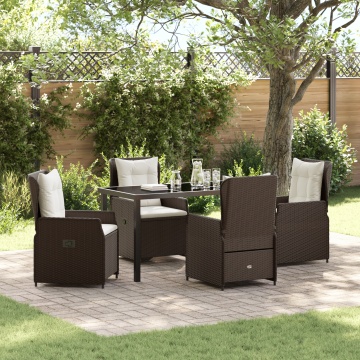 Set masă grădină 5 piese maro din poliratan, Masă grădină neagră 140x80x73 cm din sticlă securizată - Img 1
