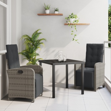 Set mese grădină 3 Piese cu perne Gri Poliratan, Masă grădină Neagră 80x80x73 cm din sticlă securizată - Img 1
