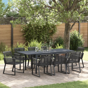 Set mese grădină 9 Piese Negru Poliratan, Masă grădină extensibilă Anthracite (140-210)x90x73 cm Oțel - Img 1