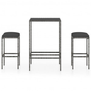 Set mobilier bar de grădină, cu perne, 3 piese, gri, poliratan - Img 1