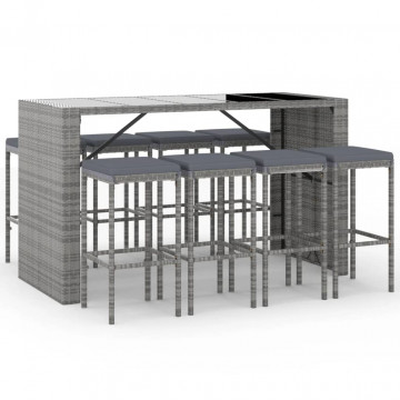 Set mobilier bar de grădină, cu perne, 9 piese, gri, poliratan - Img 2