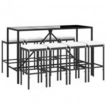 Set mobilier bar de grădină cu perne, 9 piese, negru, poliratan - Img 3