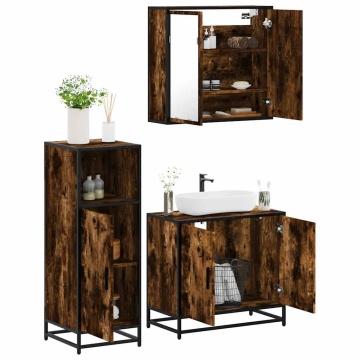 Set mobilier de baie, 3 piese, stejar fumuriu, lemn prelucrat - Img 1