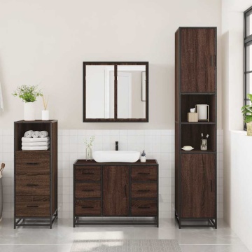 Set mobilier de baie, 3 piese, stejar maro, lemn prelucrat - Img 3