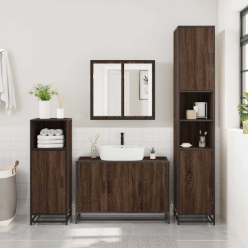Set mobilier de baie, 3 piese, stejar maro, lemn prelucrat - Img 3