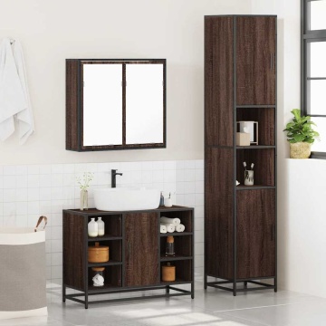 Set mobilier de baie, 3 piese, stejar maro, lemn prelucrat - Img 3