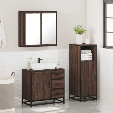 Set mobilier de baie, 3 piese, stejar maro, lemn prelucrat - Img 4