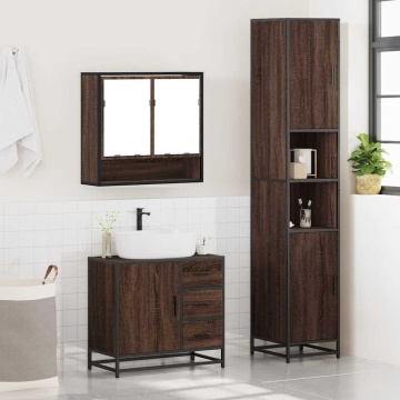 Set mobilier de baie, 3 piese, stejar maro, lemn prelucrat - Img 4