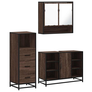 Set mobilier de baie, 3 piese, stejar maro, lemn prelucrat - Img 2
