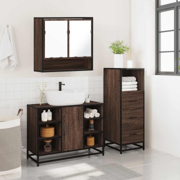 Set mobilier de baie, 3 piese, stejar maro, lemn prelucrat - Img 4