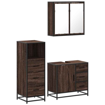 Set mobilier de baie, 3 piese, stejar maro, lemn prelucrat - Img 2