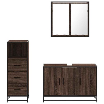 Set mobilier de baie, 3 piese, stejar maro, lemn prelucrat - Img 8